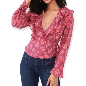 Free People NWT Pink Floral Sultry Combo Amanda Ruffle Top Blouse Size XS